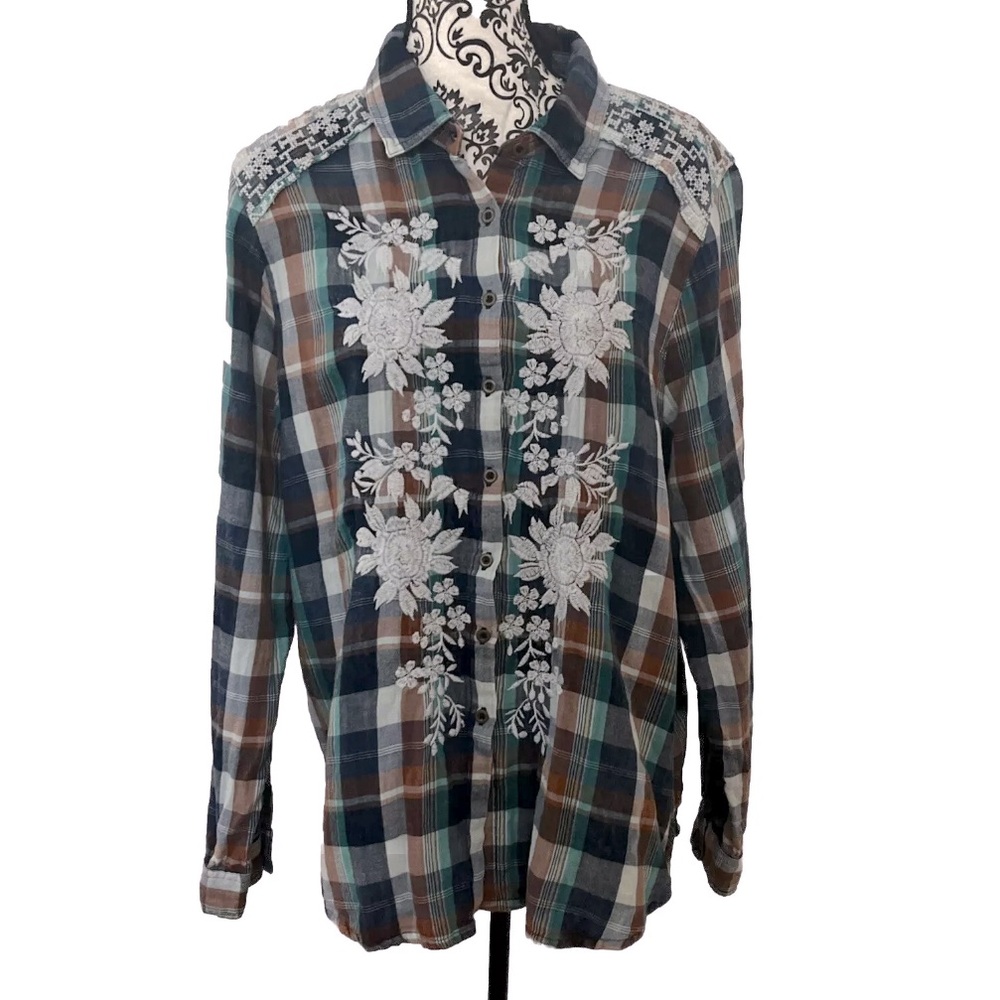 Sundance Blue Teal Plaid Top Shirt White Floral Embroidered Button Up XL